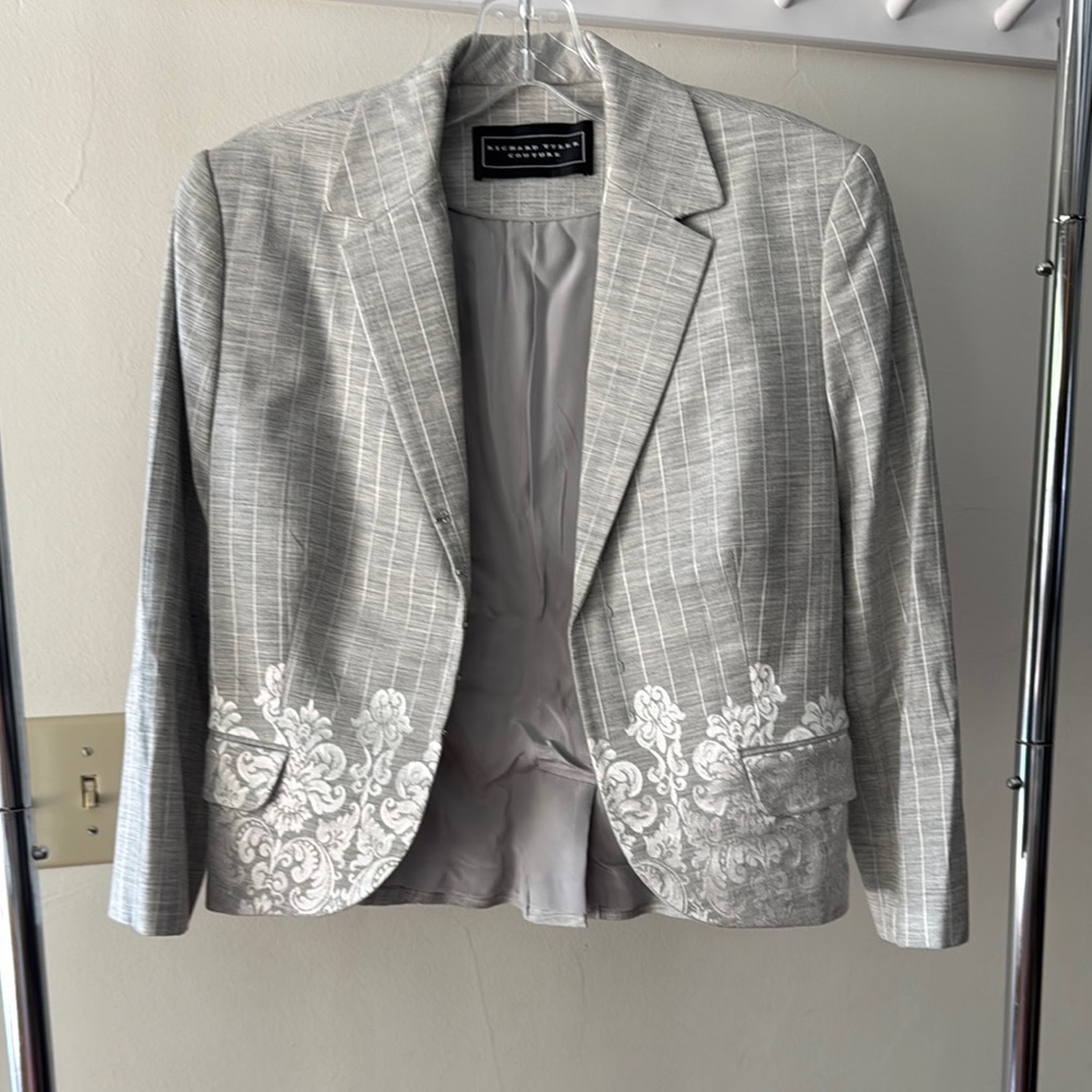 Richard Tyler Couture Pin Stripe Gray Blazer with Silver Embroidery